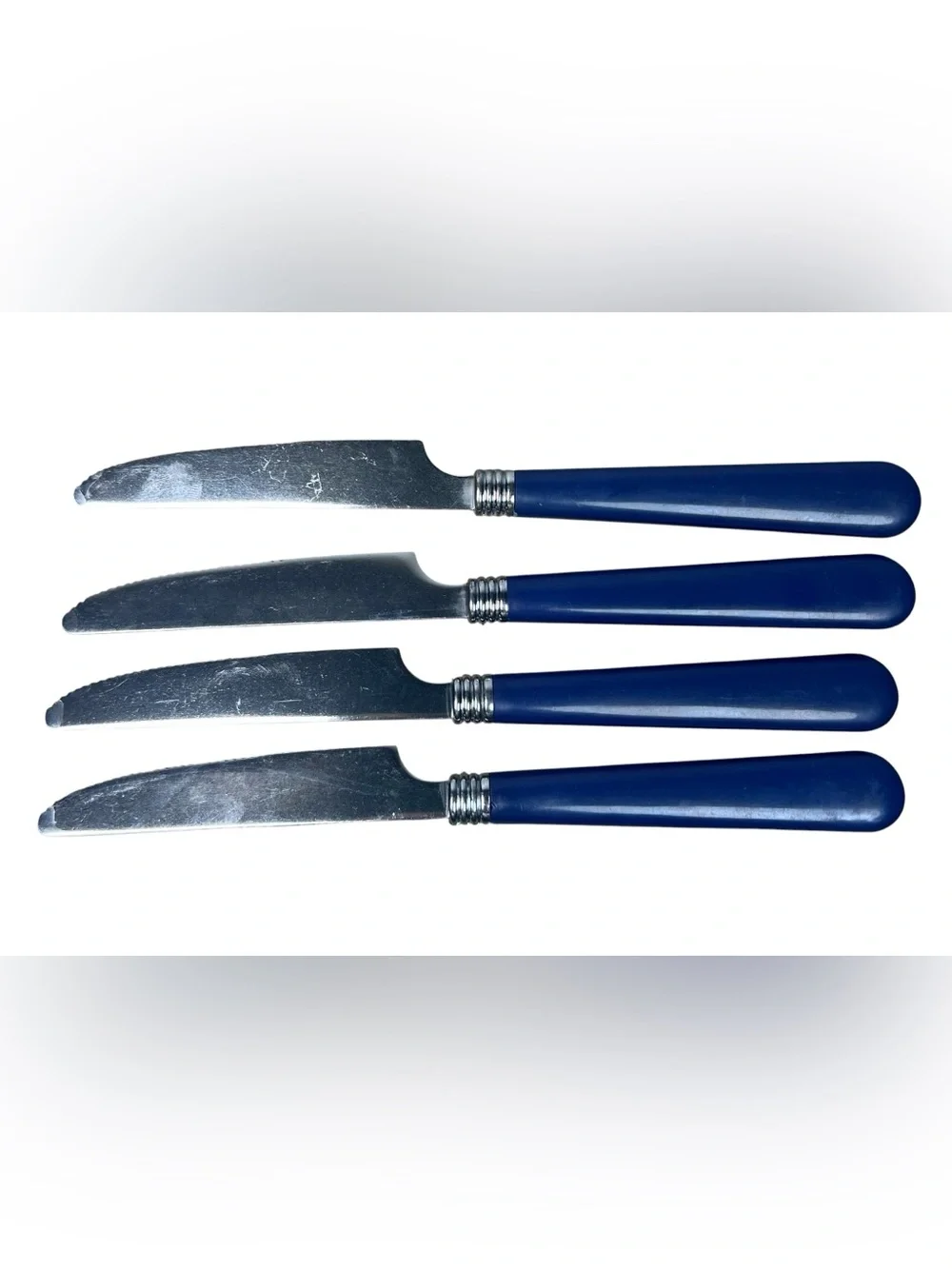 Gibson VTG Blue Plastic Handle 4 Dinner / Butter Knife Stainless Flatware Retro